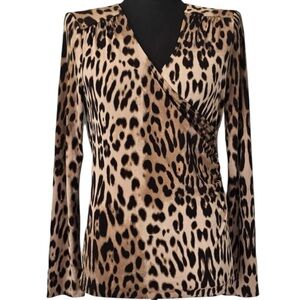 Anne Klein Leopard Print Blouse Top Stretchy Wrap Style with Ruching M